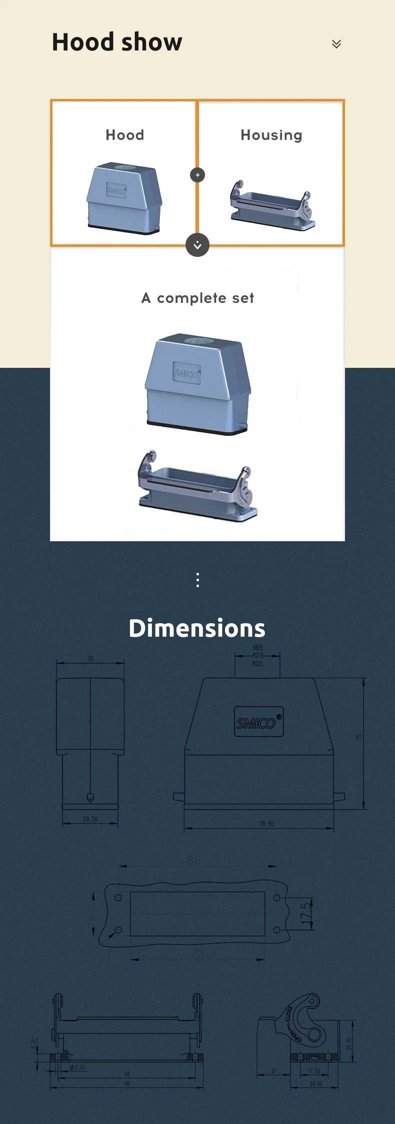 Smico HD Series Rectangular Heavy Duty Connectors HD-025-Mc Male Insert 25 Pins 09210253001 Cable Plug Socket